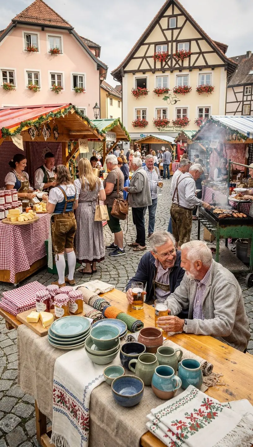 Eine Familie genießt eine Fahrt mit dem Karussell auf einem lebhaften Jahrmarkt, umgeben von festlich geschmückten Ständen.